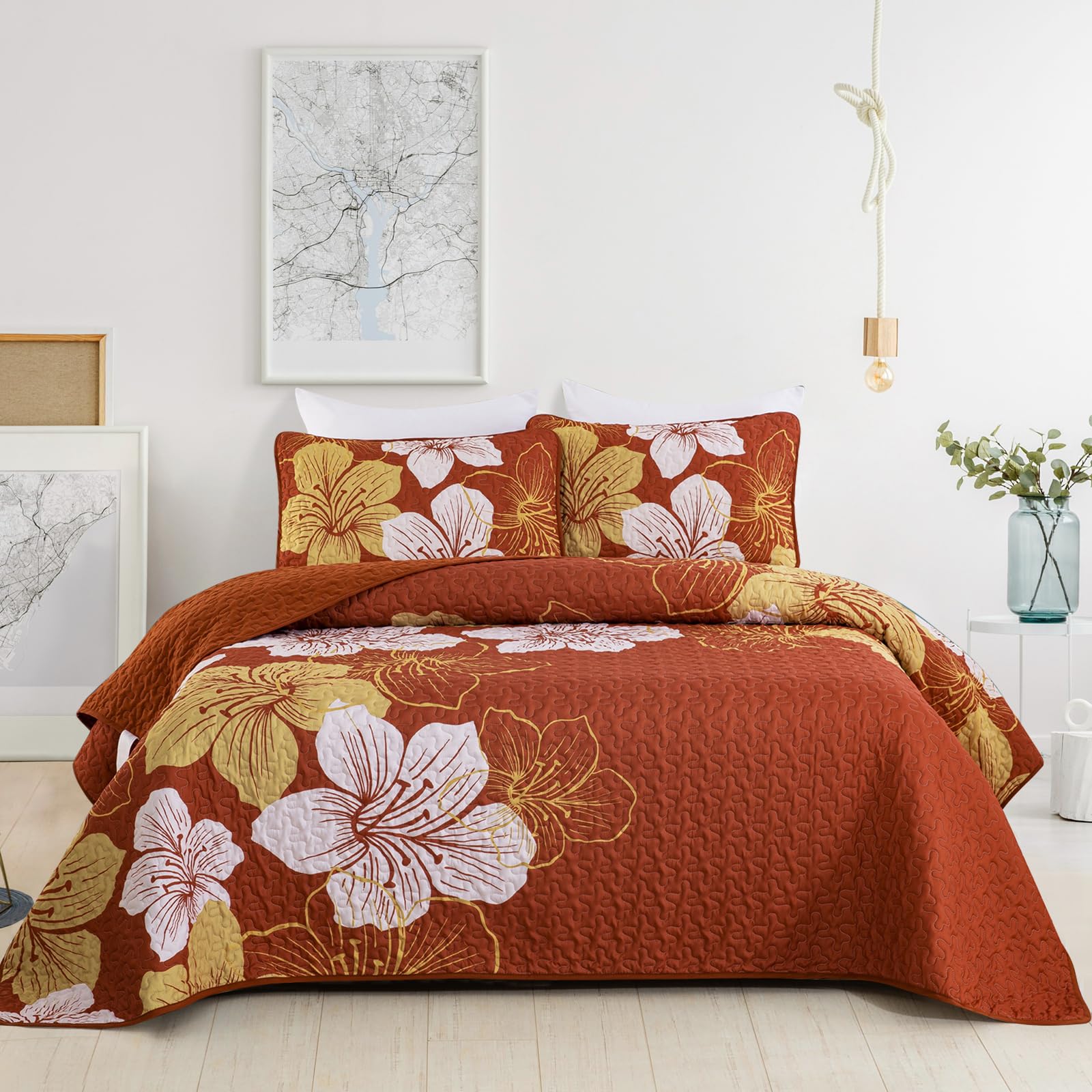 Djy Terracotta Quilt Set Queen Gold Floral Pattern Quilt Coverlet Set Boho Floral Bedspread With 2 Pillow Shams Elegant Flower B